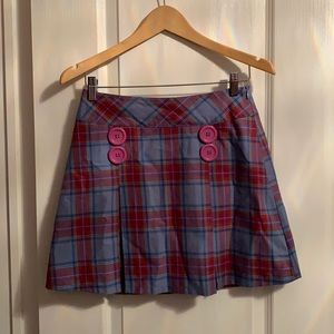 Blue and Red Tartan with Buttons Pleated A-Line Mini Skirt